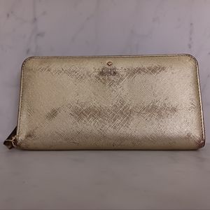 Kate Spade Metallic Gold Leather Lacey Zip Around Continental Wallet